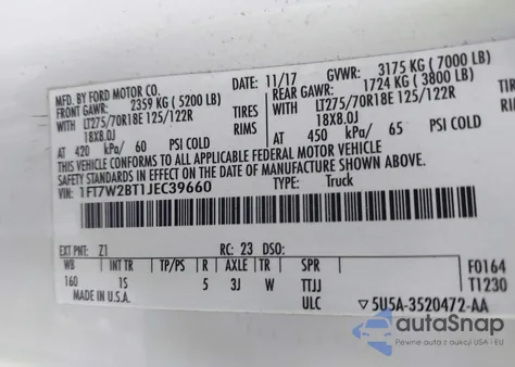 2018 Ford F-250 Xl z USA, uszkodzony, nr VIN 1FT7W2BT1JEC39660